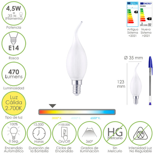 Bombilla Led Filamento Vela Llama Esmerilada E14. 4,5 Watt. Equivale A 35 Watt. 470 Lumenes. Luz Calida 2700º K.