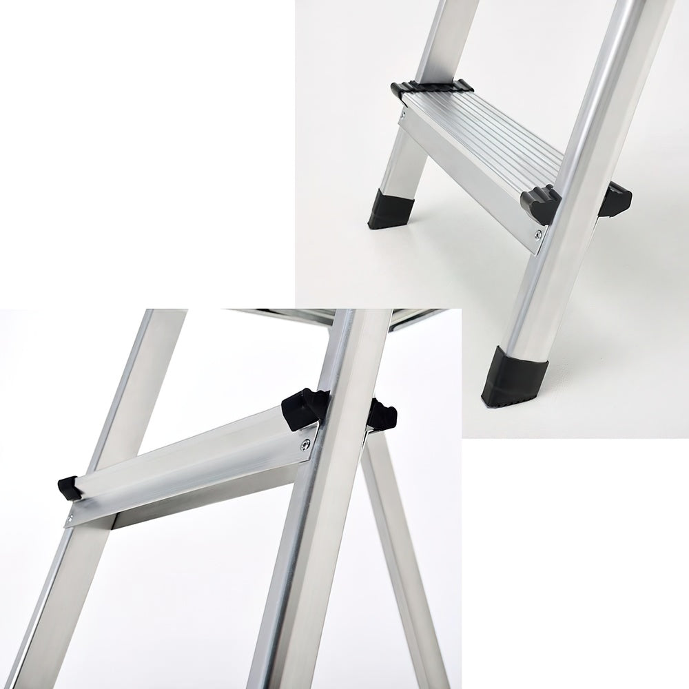 Escalera Aluminio 4 Peldaños Plegable, Uso doméstico, Antideslizante, Ligera y Resistente
