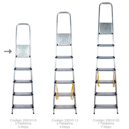 Escalera Doméstica Aluminio Profesional 5 Peldaños 12 cm Grosor.
