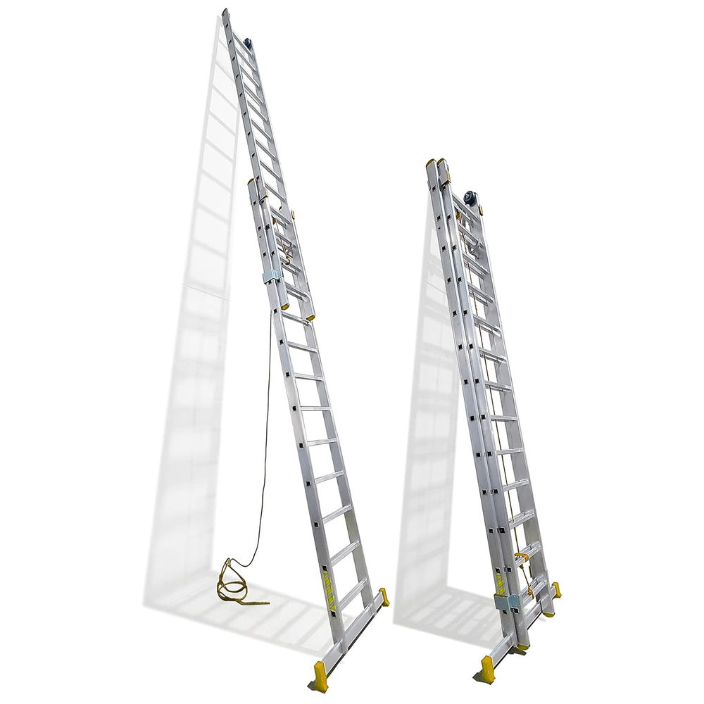 Escalera Aluminio 2 Tramos Mecanica 14 Peldaños. Plegable, Telescópica, Antideslizante, Resistente