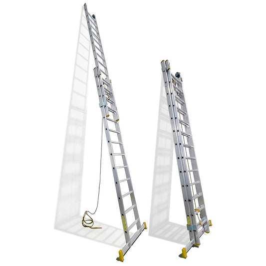 Escalera Aluminio 2 Tramos Mecanica 14 Peldaños. Plegable, Telescópica, Antideslizante, Resistente