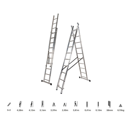 Escalera Aluminio 2 Tramos 9+9 Peldaños. Plegable, Antideslizante, Resistente