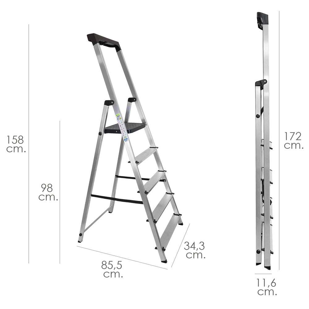 Escalera Aluminio 5 Pedaños Uso Domestico Certificada En 131 Con Bandeja Para Herramientas,