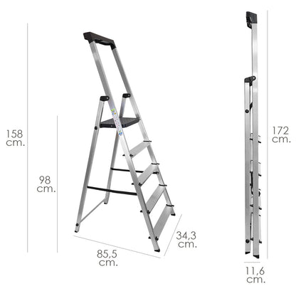 Escalera Aluminio 5 Pedaños Uso Domestico Certificada En 131 Con Bandeja Para Herramientas,